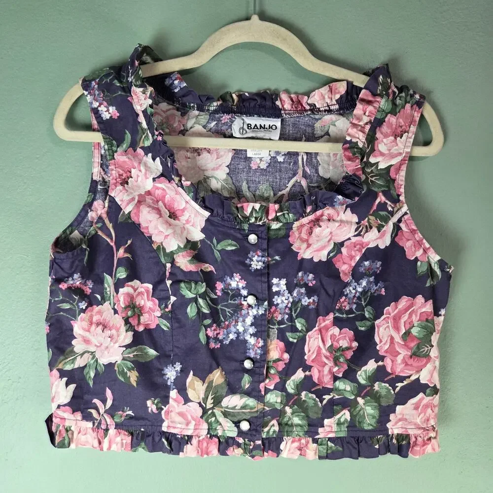 Vintage Banjo Women Floral Pearl Snap Sleeveless Crop Top Cottage Prairie Ruffle